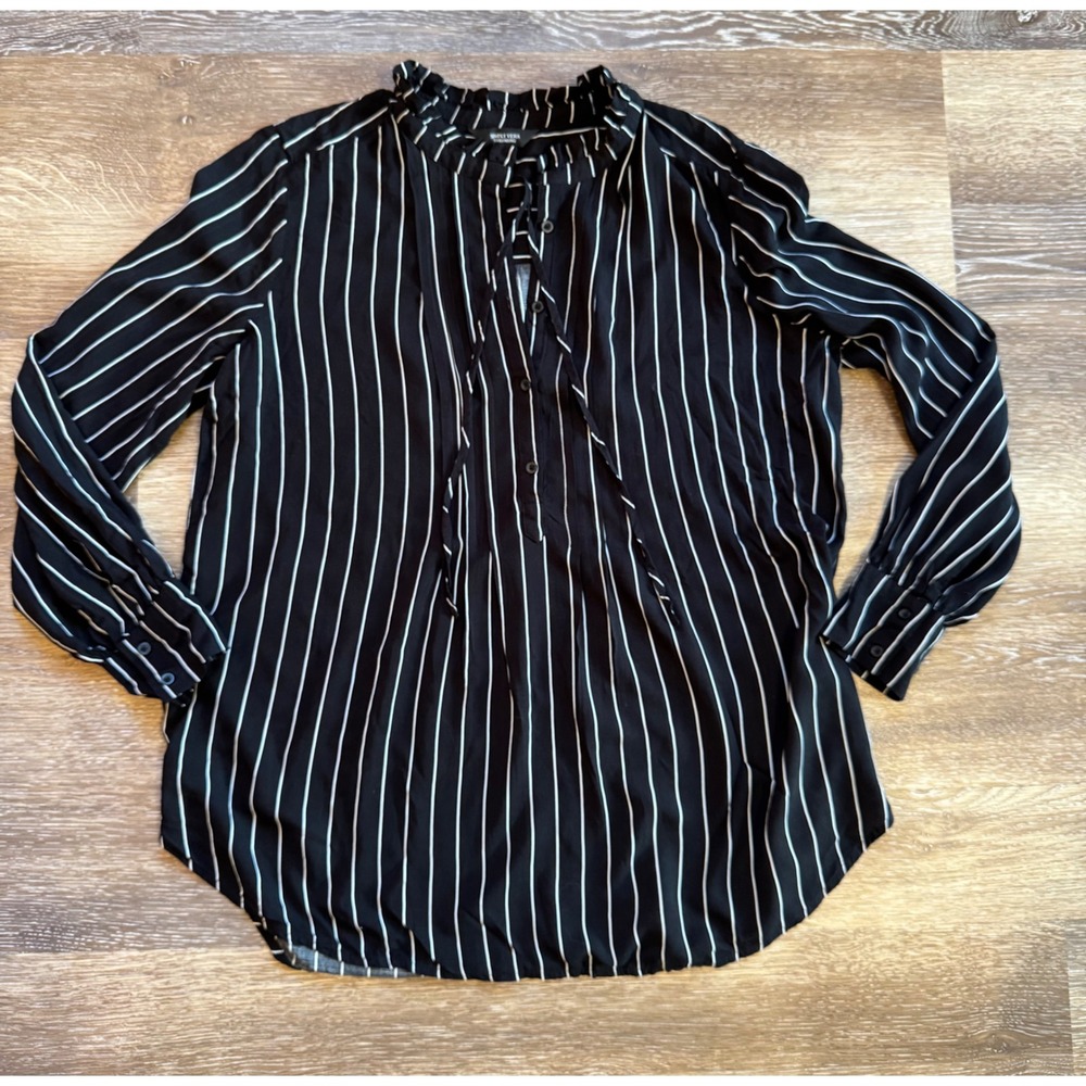 Simply Vera Vera Wang Black White Striped Ruffle Neck Blouse Long Sleeve Top